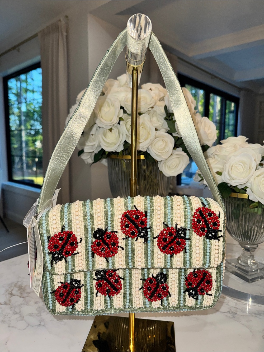Viral Beaded Ladybug Pattern Shoulder Bag in Cream & Green